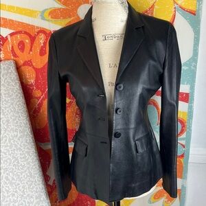 Armani Collezioni Black Jacket Calf Soft Leather Blazer Sz. 4 Fitted Button UP